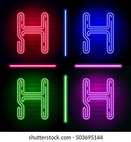 Set of realistic neon letters with different neon color glow on dark. Vector neon typeface