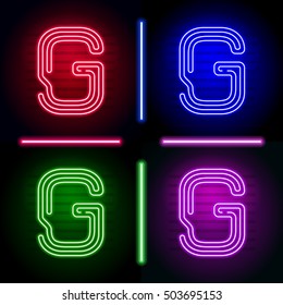 Set of realistic neon letters with different neon color glow on dark. Vector neon typeface