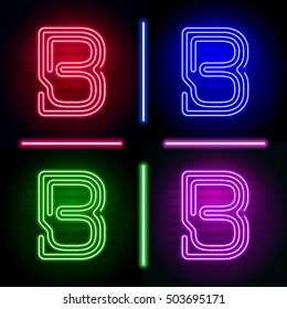 Set of realistic neon letters with different neon color glow on dark. Vector neon typeface