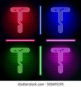 Set of realistic neon letters with different neon color glow on dark. Vector neon typeface