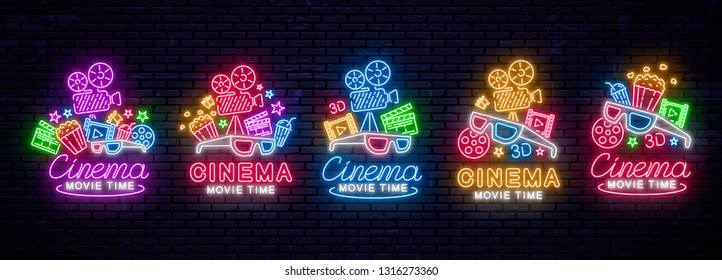 Set of realistic neon signs. Cinema banner, logo, emblem. Movie logo. Bright sign, night bright advertising. Vector Illustration.