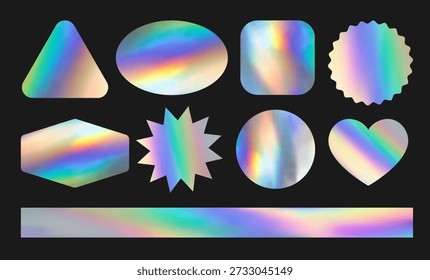Set aus realistischer Neonschablone, Mockup, Aufkleber mit holografischem Effekt, Folientextur. Glänzendes glattes Hologramm, Emblem, Etikett in verschiedenen Formen einzeln auf schwarzem Hintergrund