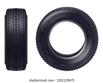 Set of realistic new car tires front and profile view isolated over white background vector illustration  