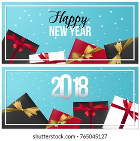 Set of realistic New Year greeting cards. Vector illustration concept for gift cards, vouchers, banners, website and mobile banners, marketing material.