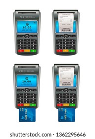 Set of realistic NFC POS terminals for payment by debit or credit card with shopping bill isolated on white