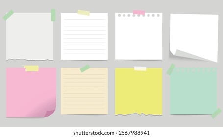 Set of realistic note paper. Collection of paper notes with lines, torn edges. Square sheet of paper for notes, reminders.