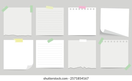 A set of realistic note paper. Collection of paper notes with lines, torn edges. Square sheet of paper for notes, reminders.