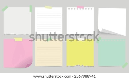 Set of realistic note paper. Collection of paper notes with lines, torn edges. Square sheet of paper for notes, reminders.