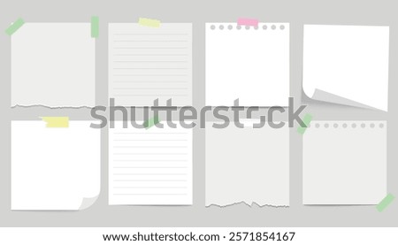 A set of realistic note paper. Collection of paper notes with lines, torn edges. Square sheet of paper for notes, reminders.