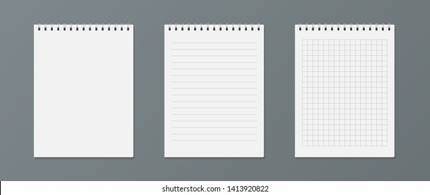 Set von realistischen Notebooks oder Notizblöcken einzeln auf grauem Hintergrund. Notepad für Notizen mit Papiervorlagen. Vektorgrafik.