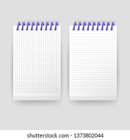 Set of Realistic notebooks Blank open padded sketchbook with lines and notebook in the cell for writing message templates, School notebook, vertical paper sheet. Vector Eps 10 illustration