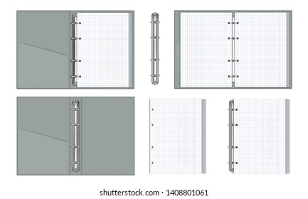 A set of realistic notebooks with paper binding rings. Block white sheets in a cage. 3D mockup for business. Isolated on white background. Vector illustration.