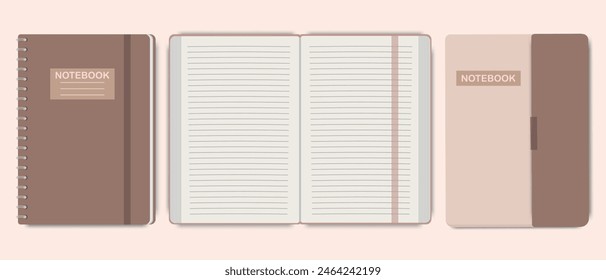 A set of realistic notepads with a metal spiral in beige color. Isolated blank diary textbook. Open and closed organizer template. Modern laptop concept.