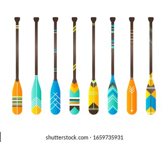 Set of realistic oar paddle. Isolated wood kayak symbol. Boat sign for fabric pattern. Home printable accessory. Decor vector illustration