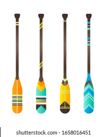 Set of realistic oar paddle in retro style. Isolated wood kayak symbol. Boat sign for fabric pattern. Home printable accessory. Decor vector illustration