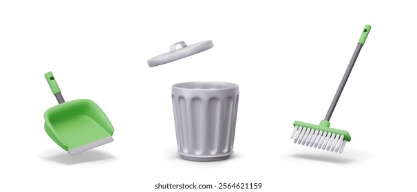 Set of realistic objects for cleaning. Scoop, metal bin with lid, plastic brush for sweeping. Isolated 3D objects in cartoon style. Inventory for household work