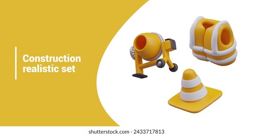 Set of realistic objects for construction. Yellow vest, signal cone, concrete mixer