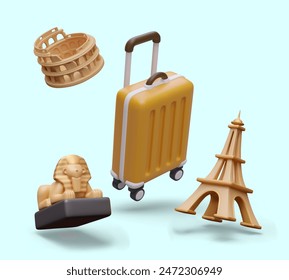 Set of realistic objects for tourism concepts in 3D style