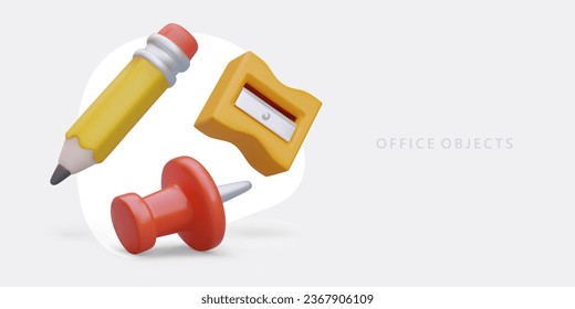 Set of realistic office objects. Colored pencil, sharpener, pin. Advertising banner on gray background. Vector concept in cartoon style. Office supplies store offer