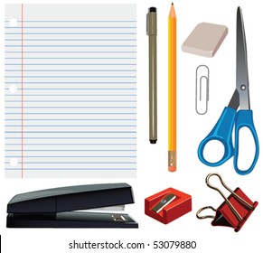 A set of realistic office and school supplies. Eps 10 Vector.