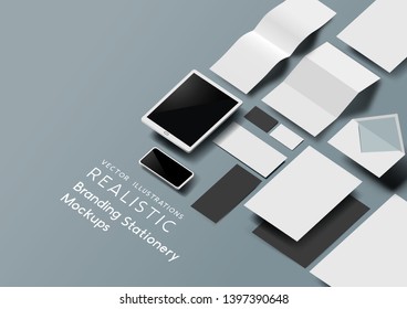 A set of realistic office stationery and tools mockup template with 3D effect. Vector illustration.