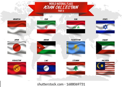Set of realistic official world national flags, waving edition. isolated on map background. Objects, icons and symbol for logo, design. Asian Collection Iran, Iraq, Israel, Japan, Laos, Lebanon