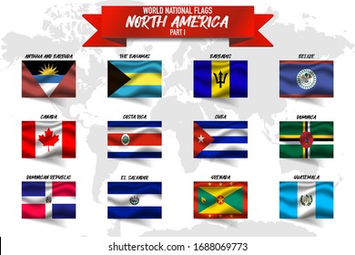 Set of realistic official world national flags, waving edition. isolated on map background. Object, icon and symbol for design. North America Collection. Belize, Bahamas, Cuba, Grenada