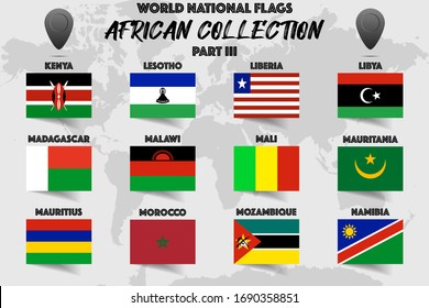 Set of realistic official world national flags, waving edition. isolated on map background. Objects, icons and symbol for logo, design. African Collection. Kenya, Lesotho, Libya, Mali, Morocco, Malawi