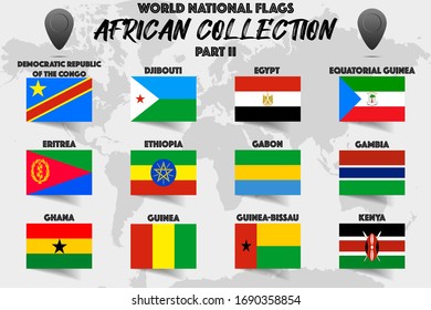 Set of realistic official world national flags, waving edition. isolated on map background. Objects, icons and symbol for logo, design. African Collection. Djibouti, Egypt, Gabon, Gambia, Ghana, Gabon