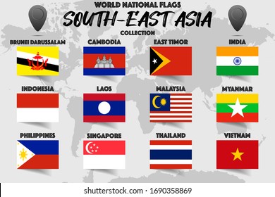 Set of realistic official world national flags, waving edition. isolated on map background. Objects, icons and symbol for logo, design. Asian Collection. Laos, Indonesia, Singapore, India