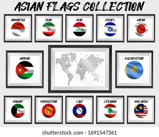 Set of realistic official world national flags, waving edition. isolated on map background. Objects, icons and symbol for logo, design. Asian Collection Iran, Iraq, Israel, Japan, Laos, Lebanon