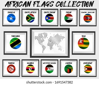 Set of realistic official world national flags, waving edition. isolated on map background. Objects, icons and symbol for logo, design. African Collection. Somalia, Togo, Sudan, Zambia, Zimbabwe