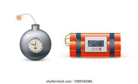 Set von realistischen alten Bomben einzeln auf weißem Hintergrund. Dynamit mit mit Countdown-Uhr. Vektorgrafik 3D