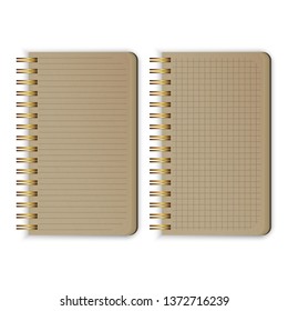 Set of Realistic Old notebooks Blank open padded sketchbook with lines and notebook in the cell for writing message templates, vertical paper sheet. Vector Eps 10 illustration