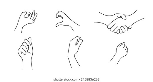 Set of realistic one line gestures. Graphic logo design with black line strokes on a white background. Vector graphic. Hand gestures