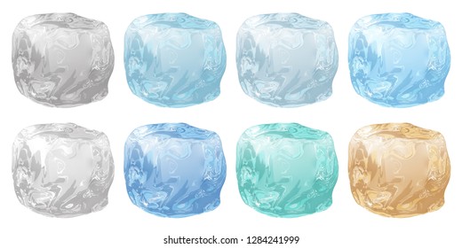 Set of realistic opaque ice cubes in various colors on white background
