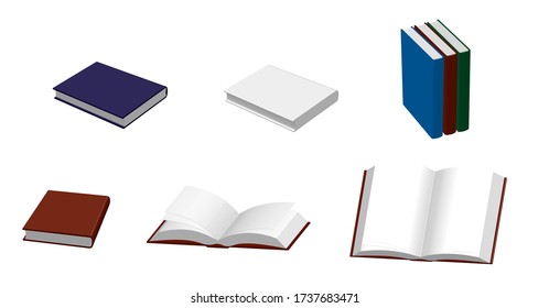Set of realistic open and closed books in isometric with blank pages. Template or layout for design. Isolated vector on white background