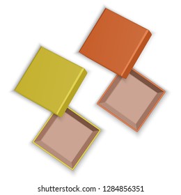 Set of Realistic open empty square cardboard boxes of yellow and orange colors isolated on transparent background. Template, Mockup for design products, package, branding, advertising. Top view.