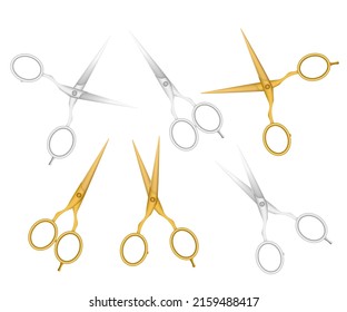 Set von realistisch geöffneten und geschlossenen Metal-Haarschere aus Silber und Gold, Vektorgrafik einzeln auf weißem Hintergrund. Arbeitsmittel für Friseur oder Friseur