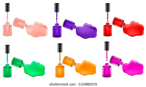Set realistic opened nail polish bottles and paint splashes in different colors  Mesh gradient objects  Nail care salon symbols  Vector illustration