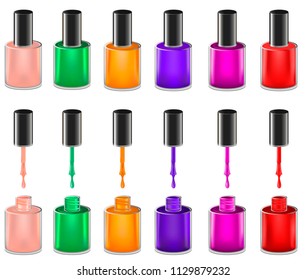 Set realistic opened nail polish bottles and paint splashes in different colors   closed nail polish bottles  Mesh gradient objects  Nail care salon symbols  Vector illustration