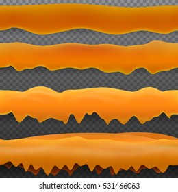 Set of realistic orange liquid drips on transparent background. Horizontal seamless pattern. Melted  object flow down. Vector illustration.