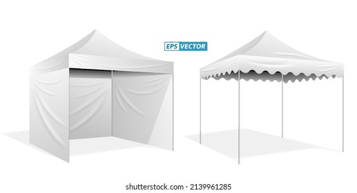 set of realistic outdoor advertising promotional tent or white trade tent isolated or trade tent mobile advertising marquee protection from sun and rain. eps vector
