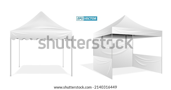 set of realistic outdoor\
advertising promotional tent or white trade tent isolated or trade\
tent mobile advertising marquee protection from sun and rain. eps\
vector