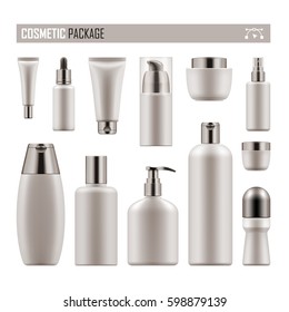 Set of realistic package for cosmetic product. Collection of white blank template of container, tube, bottle, spray. Vector mock-up of packages isolated on white background.