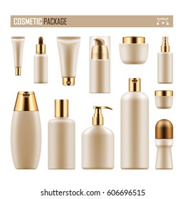 Set of realistic package for luxury cosmetic product. Collection of empty blank template of plastic containers with gold cap: bottle for liquid, skin care cream. Vector mockup of isolated on white