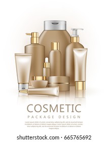 Set of realistic package for luxury cosmetic product. 3d realistic cosmetic package icon set empty tubes on white background vector illustration. 3d realistic empty packages for body cosmetic.