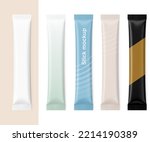 Set of realistic packaging stick mockup. Front and rear side. Vector illustration isolated on white background. It can be used for sugar, coffee, ketchup, powder, cosmetics and etc. EPS10.	