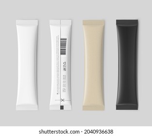 Set of realistic packaging stick mockup. Front and rear side. Vector illustration. It can be used for sugar, coffee, ketchup, powder, cosmetics and etc. EPS10.	