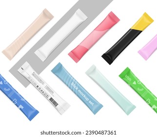 Set of realistic packaging stick mockup. Flat lay view. Vector illustration isolated on white background. It can be used for sugar, coffee, ketchup, powder, cosmetics and etc. EPS10.